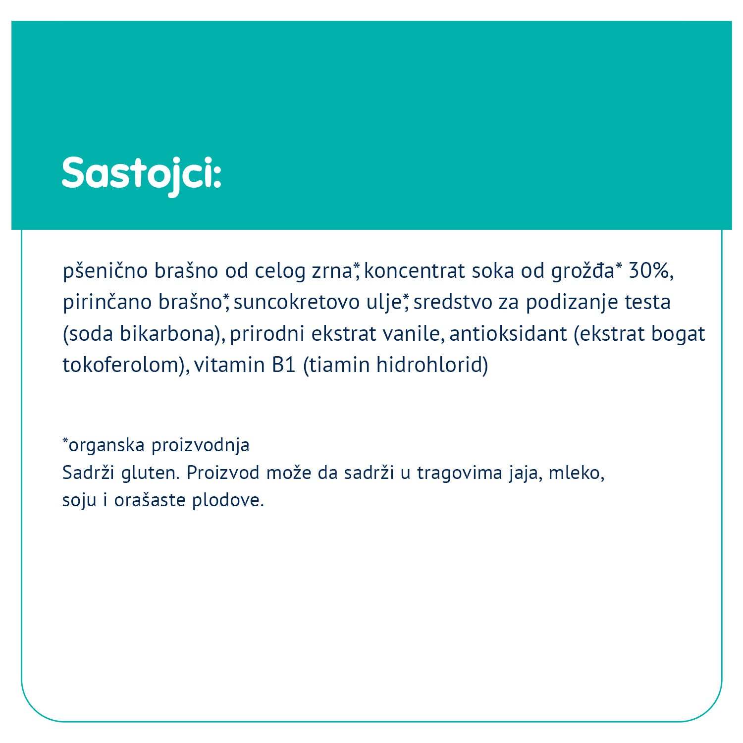 Fleur Alpine biskvit ingredients list in Serbian, featuring whole grain wheat flour, grape juice concentrate, and organic certification details.