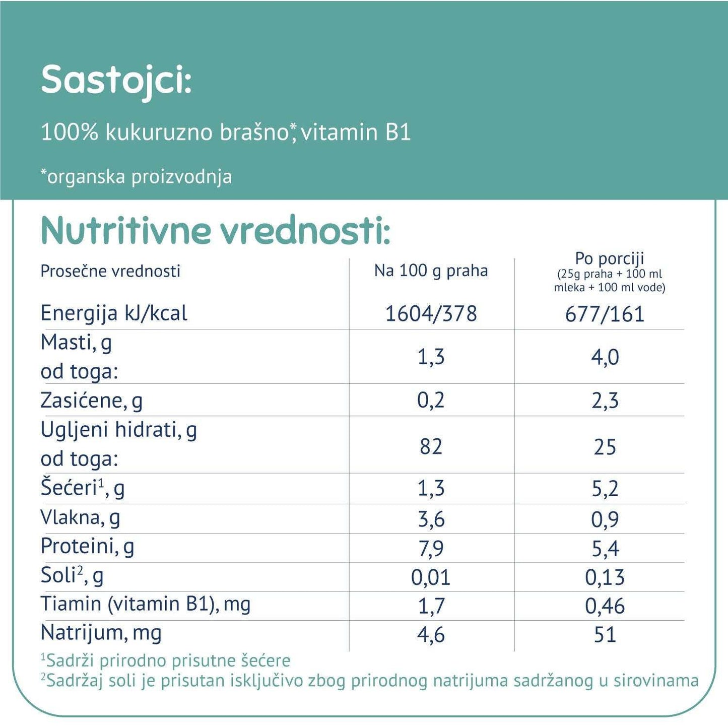 Nutritional information for Fleur Alpine organic corn porridge, gluten-free, milk-free, 4+.