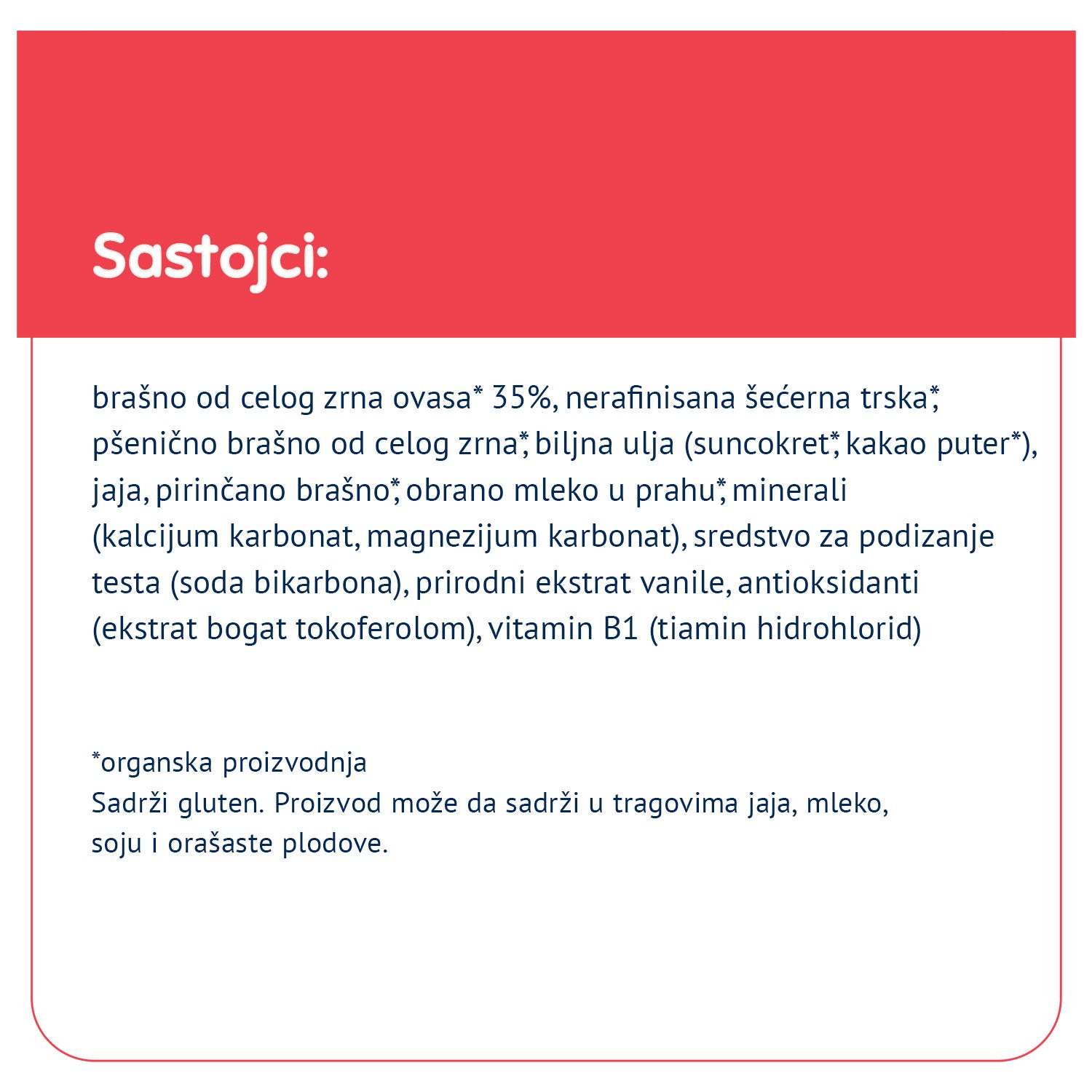 Fleur Alpine biskvit "Ovseni" ingredients list with details on whole grain flour, organic certification, and product origin.