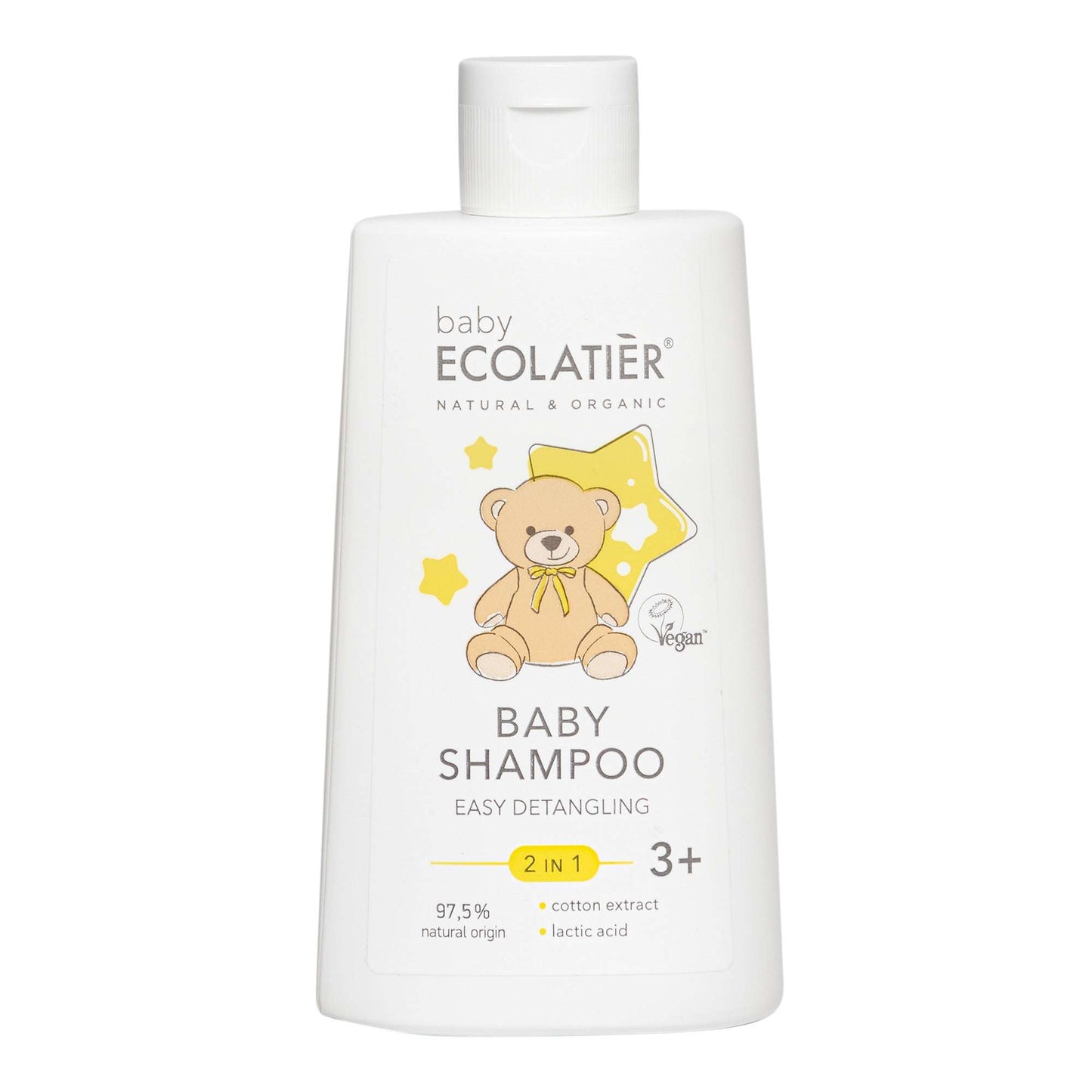 ECOLATIER BABY 2-in-1 Shampoo, 250 ml bottle for kids 3+, gentle cleansing and easy detangling.