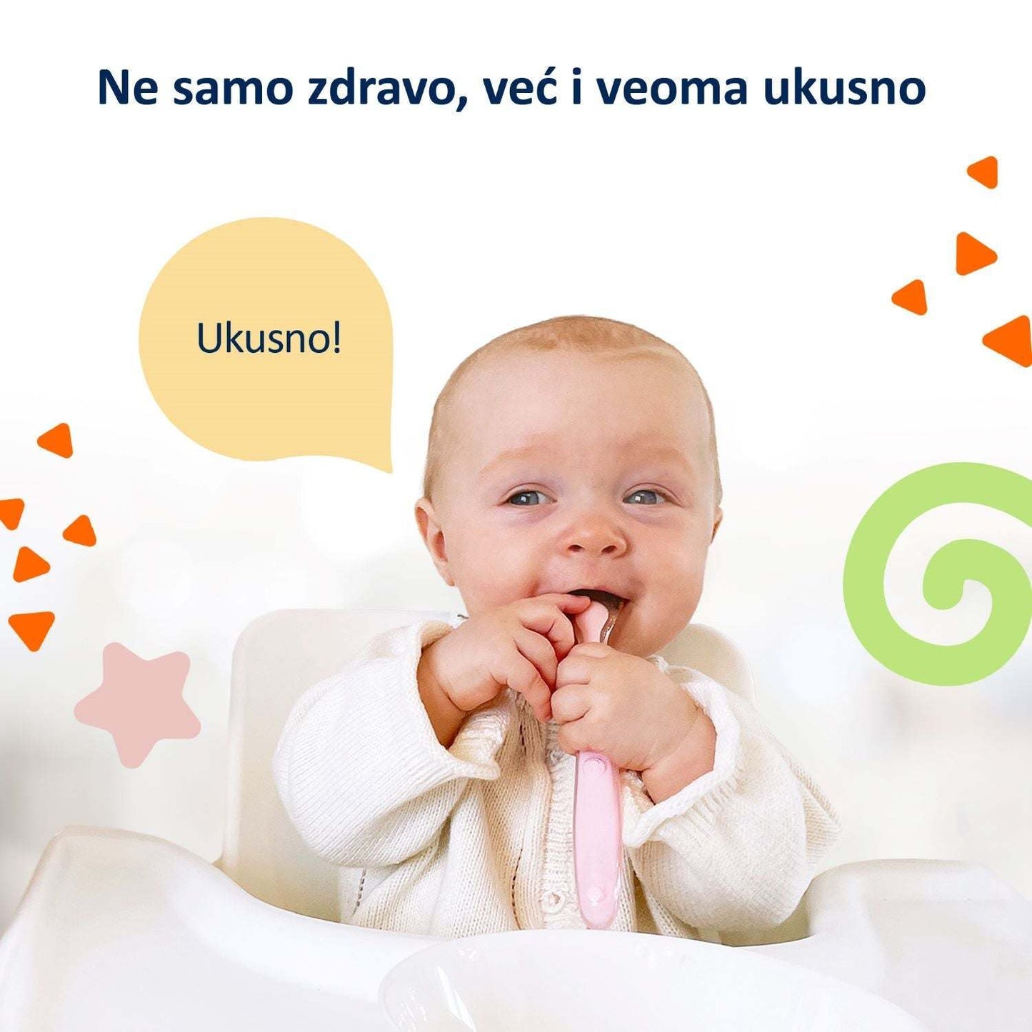 Baby eating in high chair with colorful designs and text promoting taste.