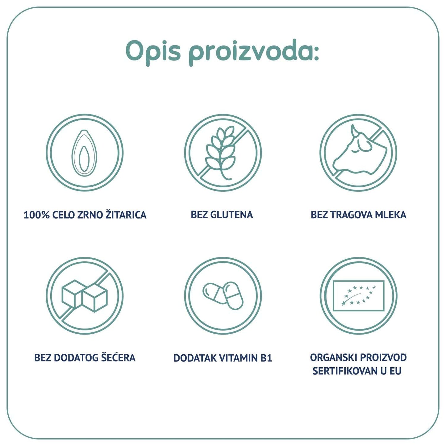 Icons representing product features: 100% whole grain, gluten-free, milk-free, no added sugar, added vitamin B1, EU certified organic.