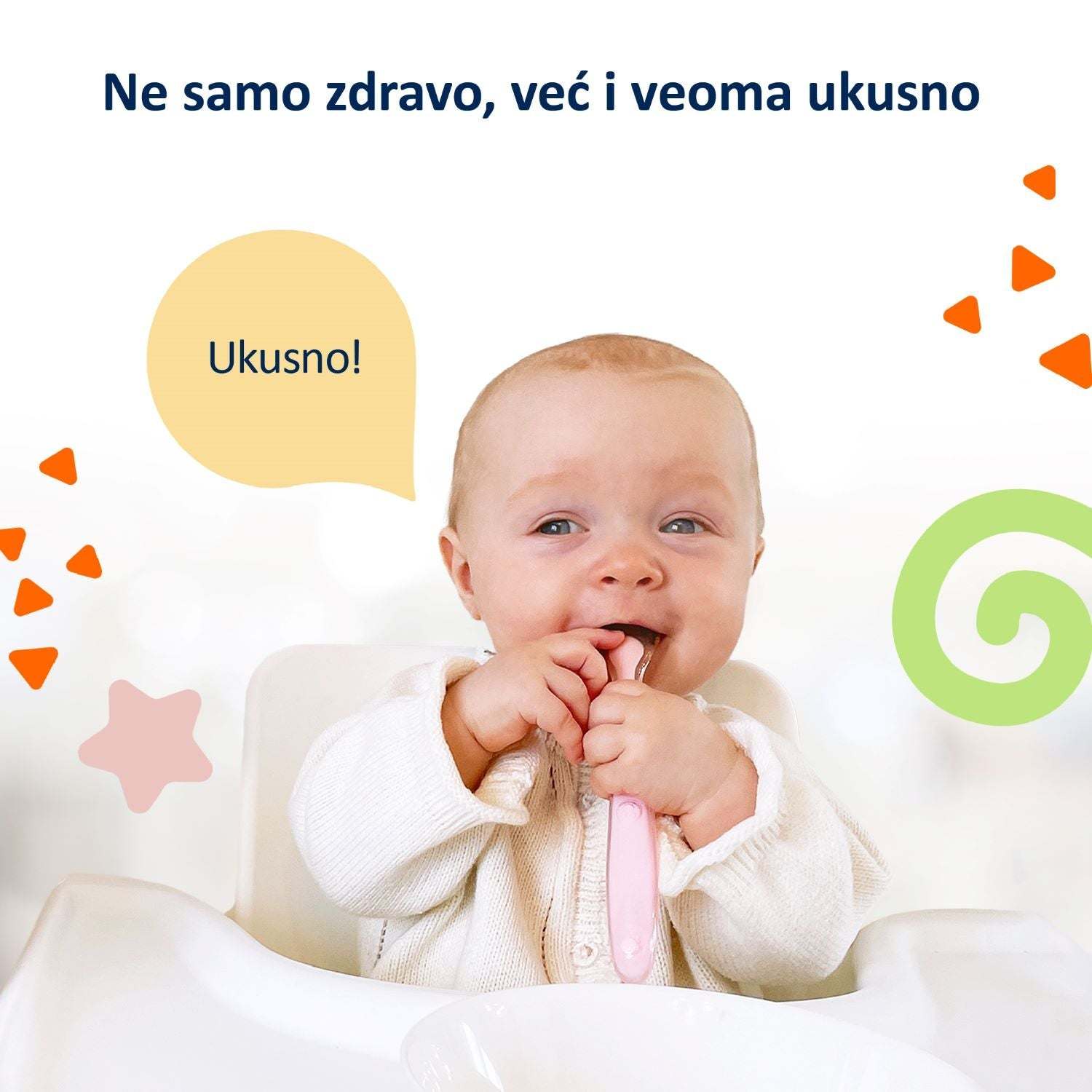 Baby enjoying Fleur Alpine organic buckwheat milk porridge in high chair.