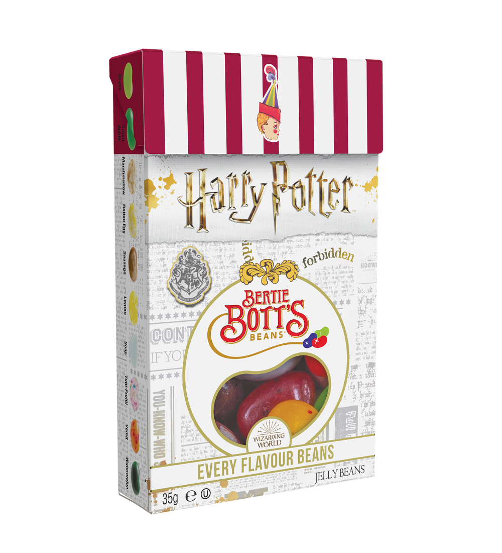 Harry Potter Bertie Botts Jelly Belly Candy, 35g box with assorted flavors.