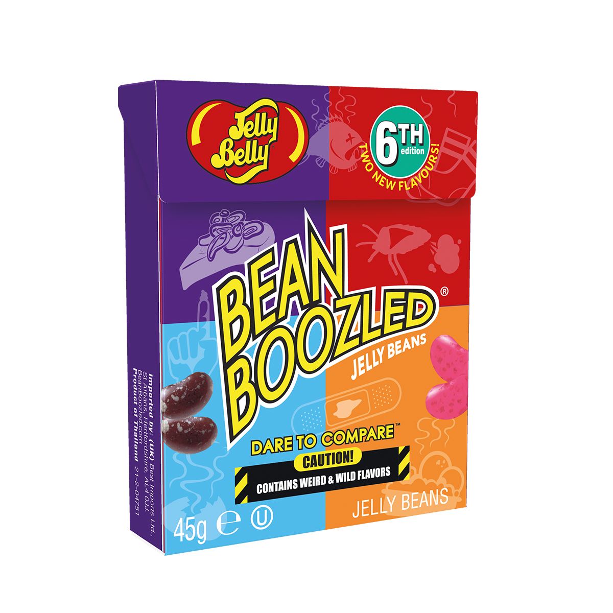JELLY BELLY CANDY Bean Boozled 45g box with various jelly beans, 6th edition flavors.