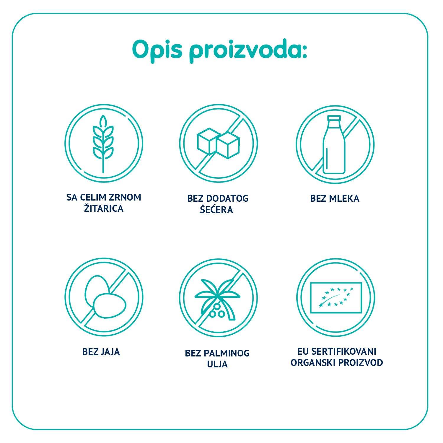 Icons representing features of Fleur Alpine biskvit: whole grain flour, no added sugar, no milk, no eggs, no palm oil, EU certified organic.