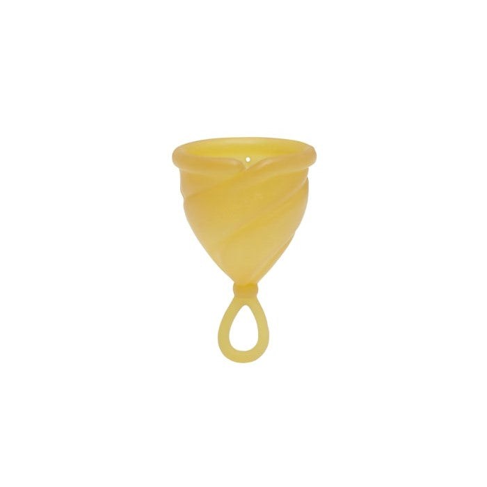Hevea menstrualna časa od prirodne gume, Loop Cup, žuta sa petljom za lako vađenje.