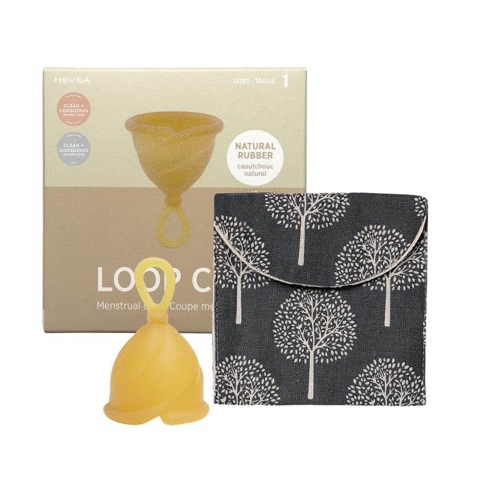 Hevea menstrual cup made from natural rubber with storage pouch and packaging.