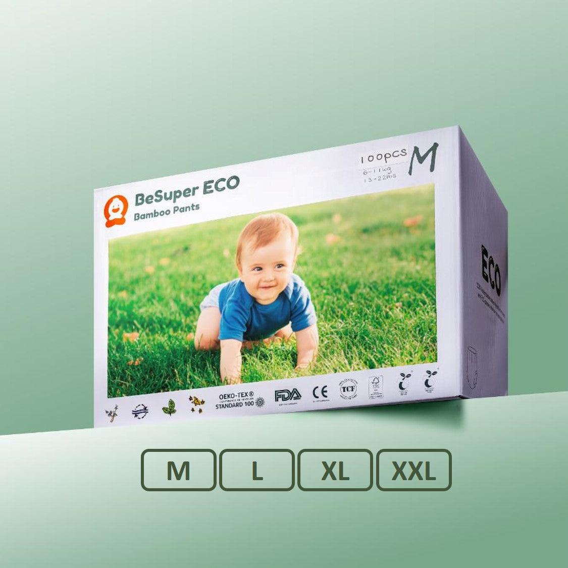 BeSuper ECO Bamboo Pelene-Gaćice packaging with baby on grass, available in sizes M, L, XL, XXL.