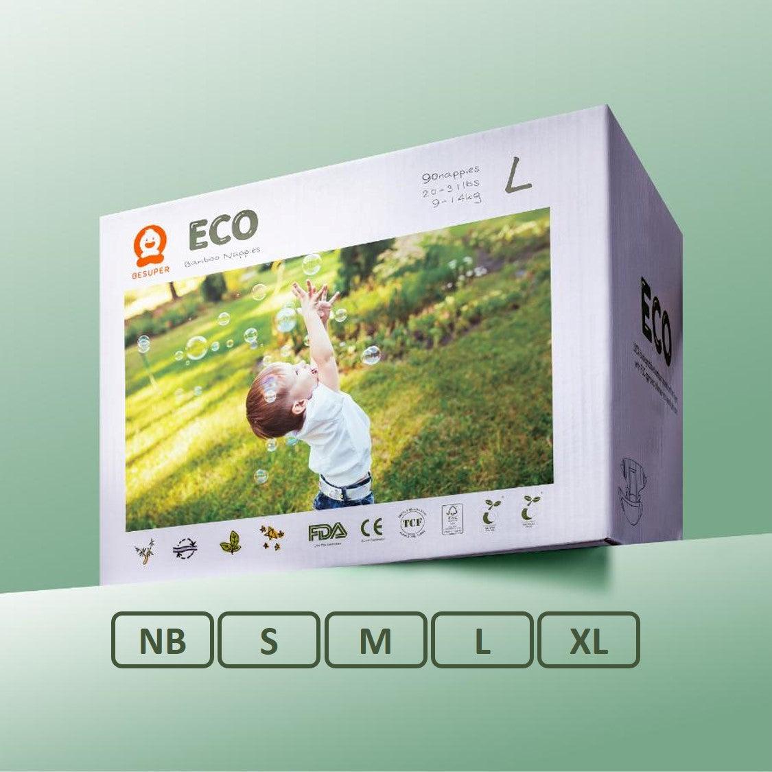 BeSuper ECO Bamboo Pelene in eco-friendly packaging on a green background, available in multiple sizes.