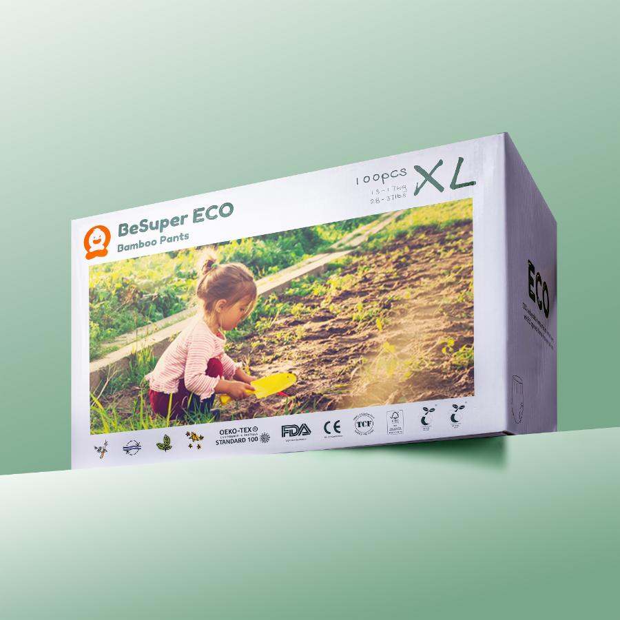 BeSuper ECO Bamboo Pelene-Gaćice packaging showcasing eco-friendly bamboo diaper benefits for sensitive baby skin.