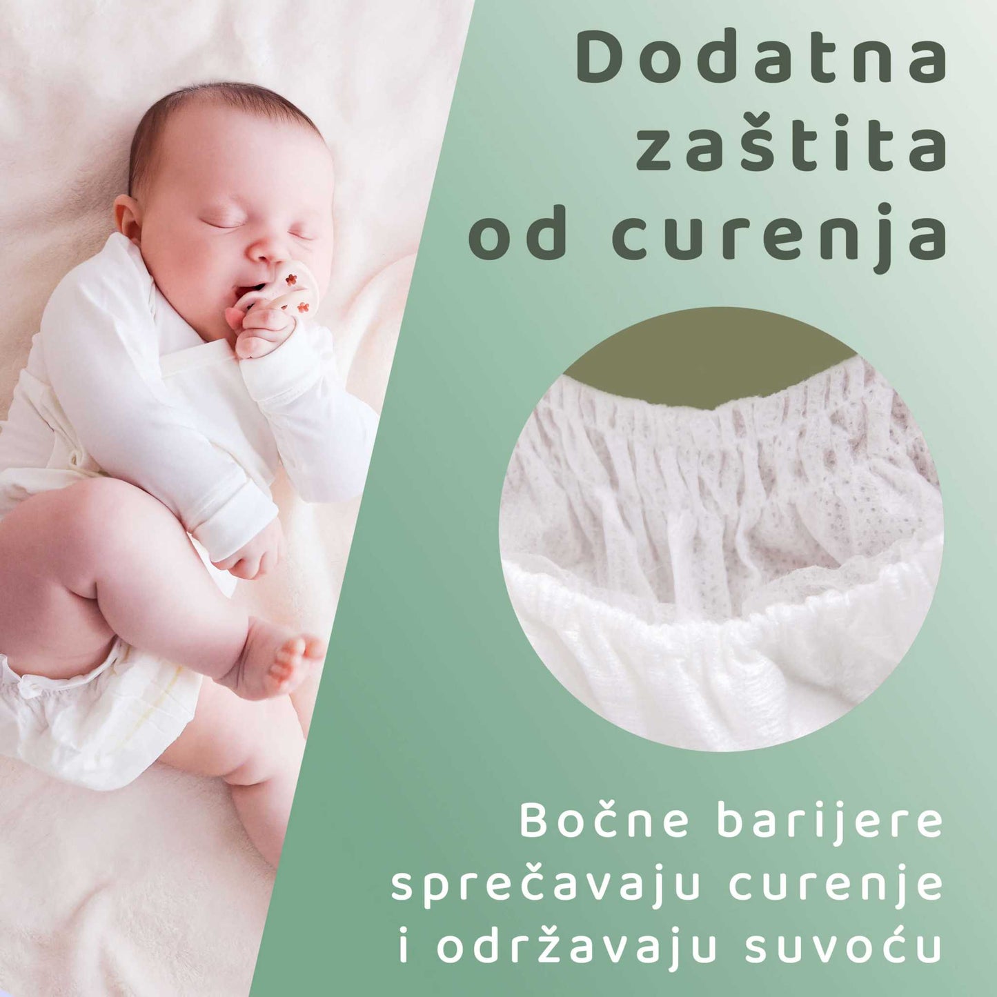 Baby wearing BeSuper ECO Bamboo diaper with leak protection and side barriers for dryness.