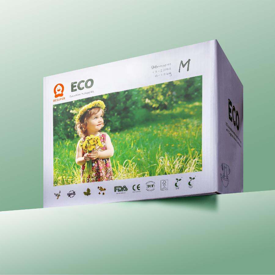 BeSuper ECO Bamboo Pelene packaging with a child in a field, highlighting eco-friendly, bamboo-based materials and certifications.