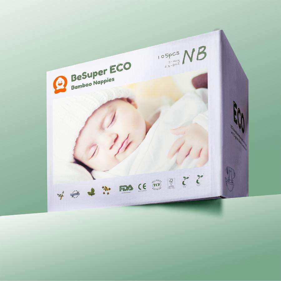 BeSuper ECO Bamboo Pelene packaging with sleeping baby and eco-friendly certifications.