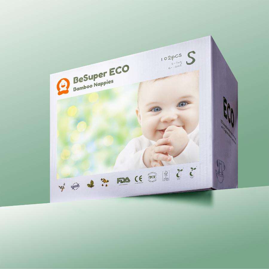 BeSuper ECO Bamboo Pelene packaging showcasing eco-friendly features with a baby on the cover.