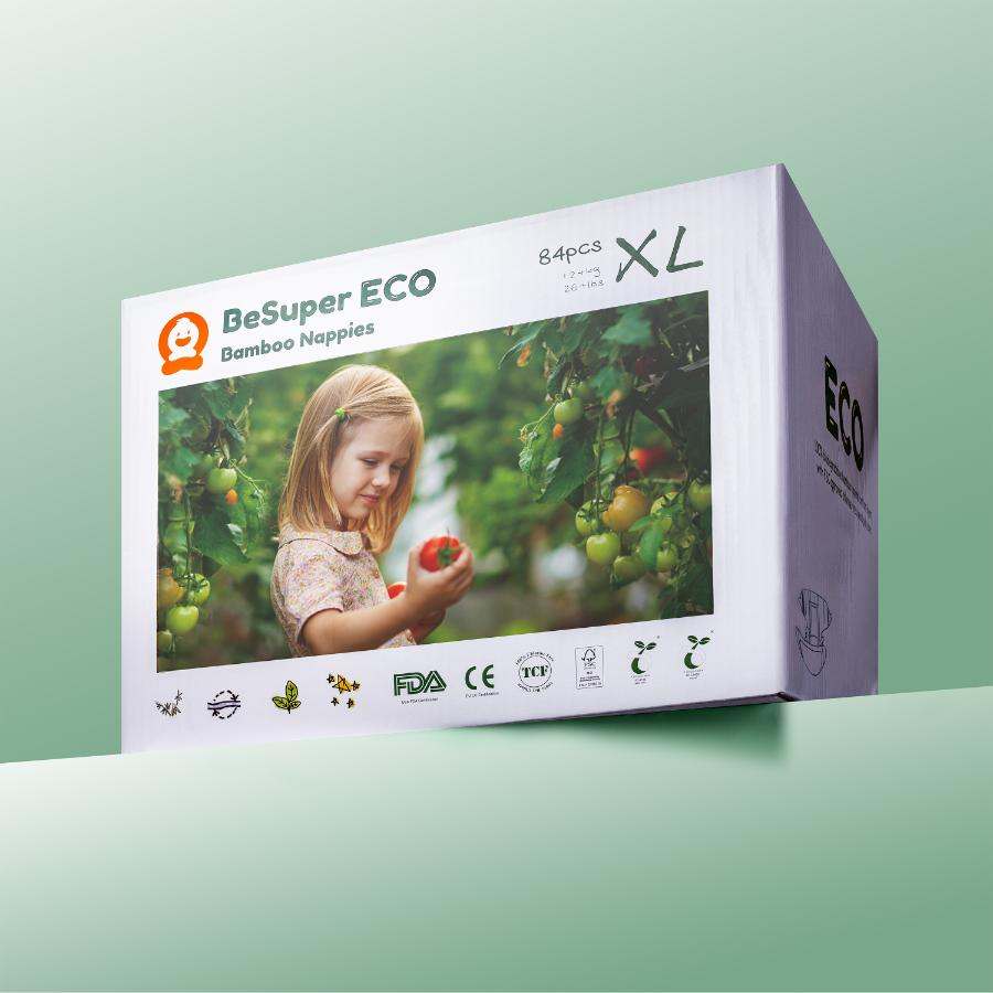 BeSuper ECO Bamboo Pelene packaging with girl in garden, certified biodegradable and eco-friendly.