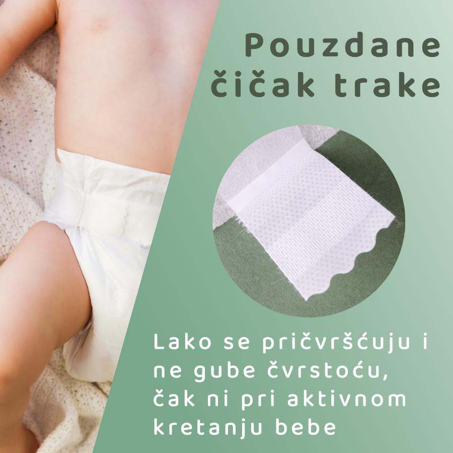 Baby wearing BeSuper ECO Bamboo diaper with reliable Velcro straps, soft bamboo fibers, and eco-friendly features.