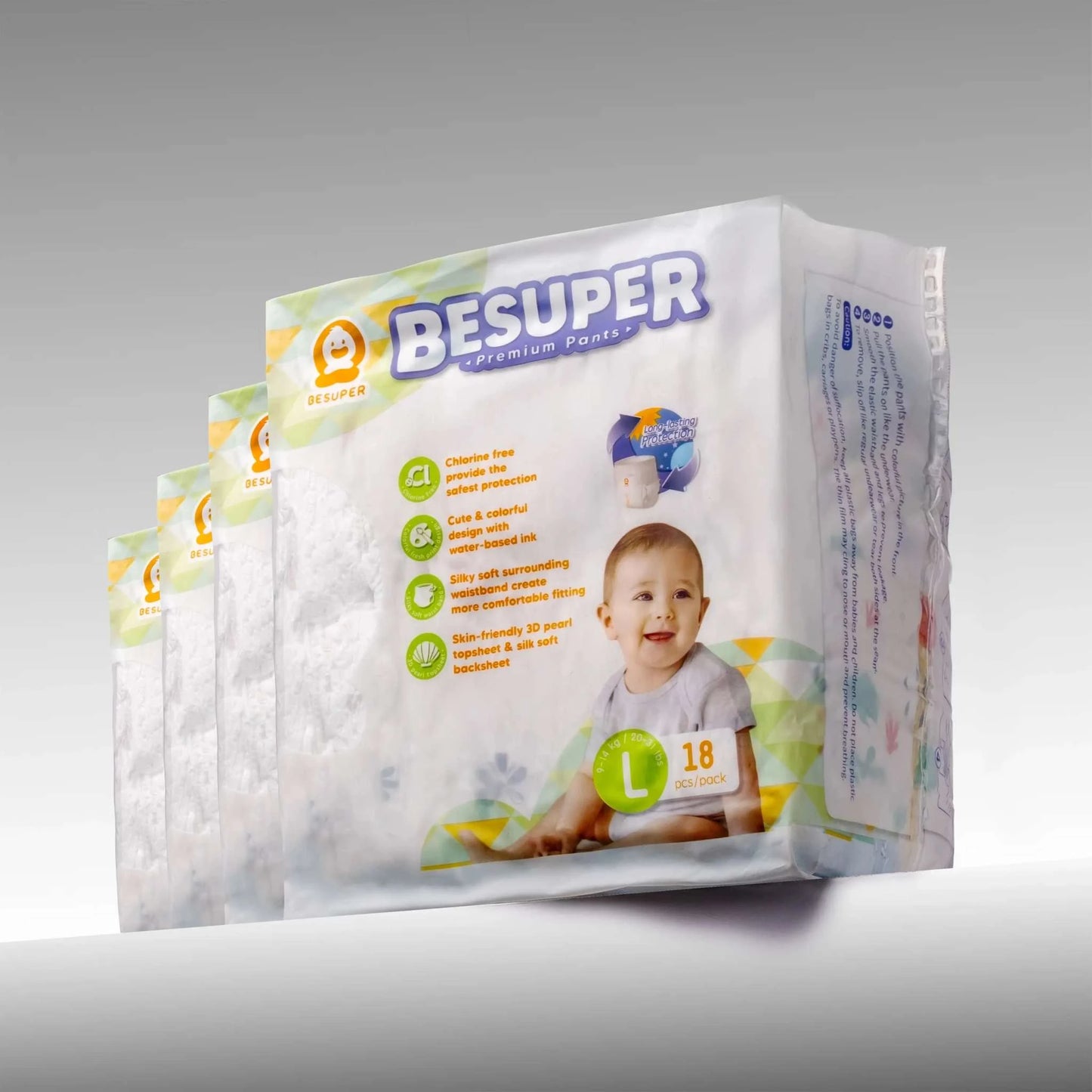 BeSuper Premium Pelene-Gaćice packaging with a smiling baby, featuring easy wear and super absorbency.