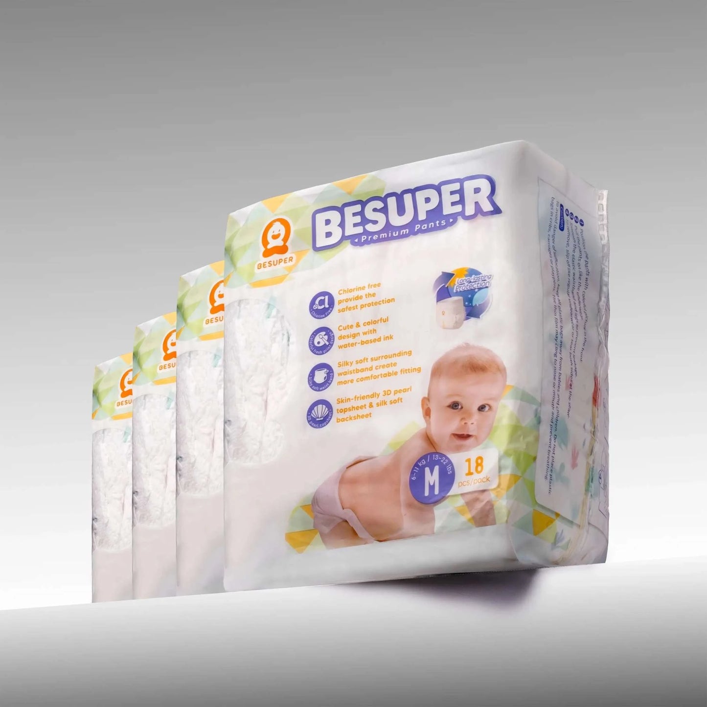 BeSuper Premium Pelene-Gaćice packaging with soft and absorbent design, featuring baby on front.