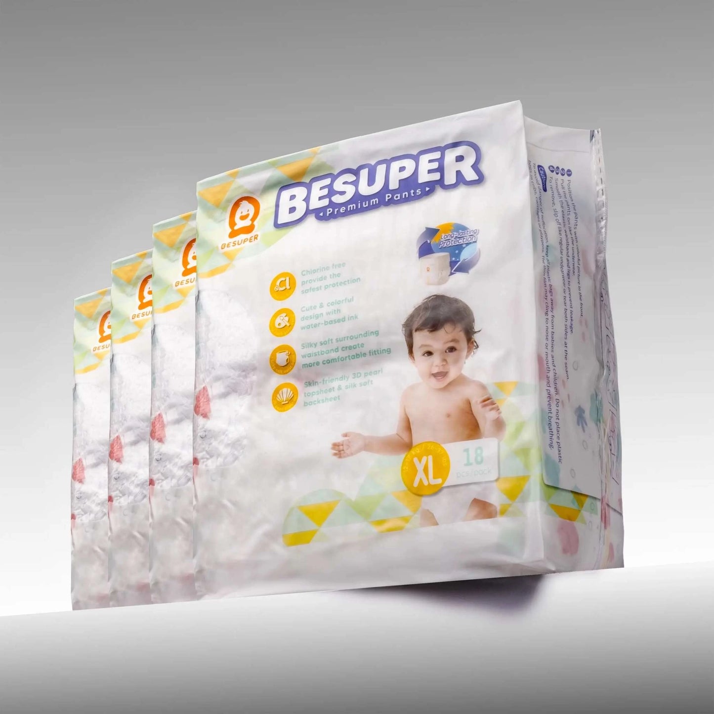 BeSuper Premium Pelene-Gaćice packaging showcasing product features and a smiling baby.
