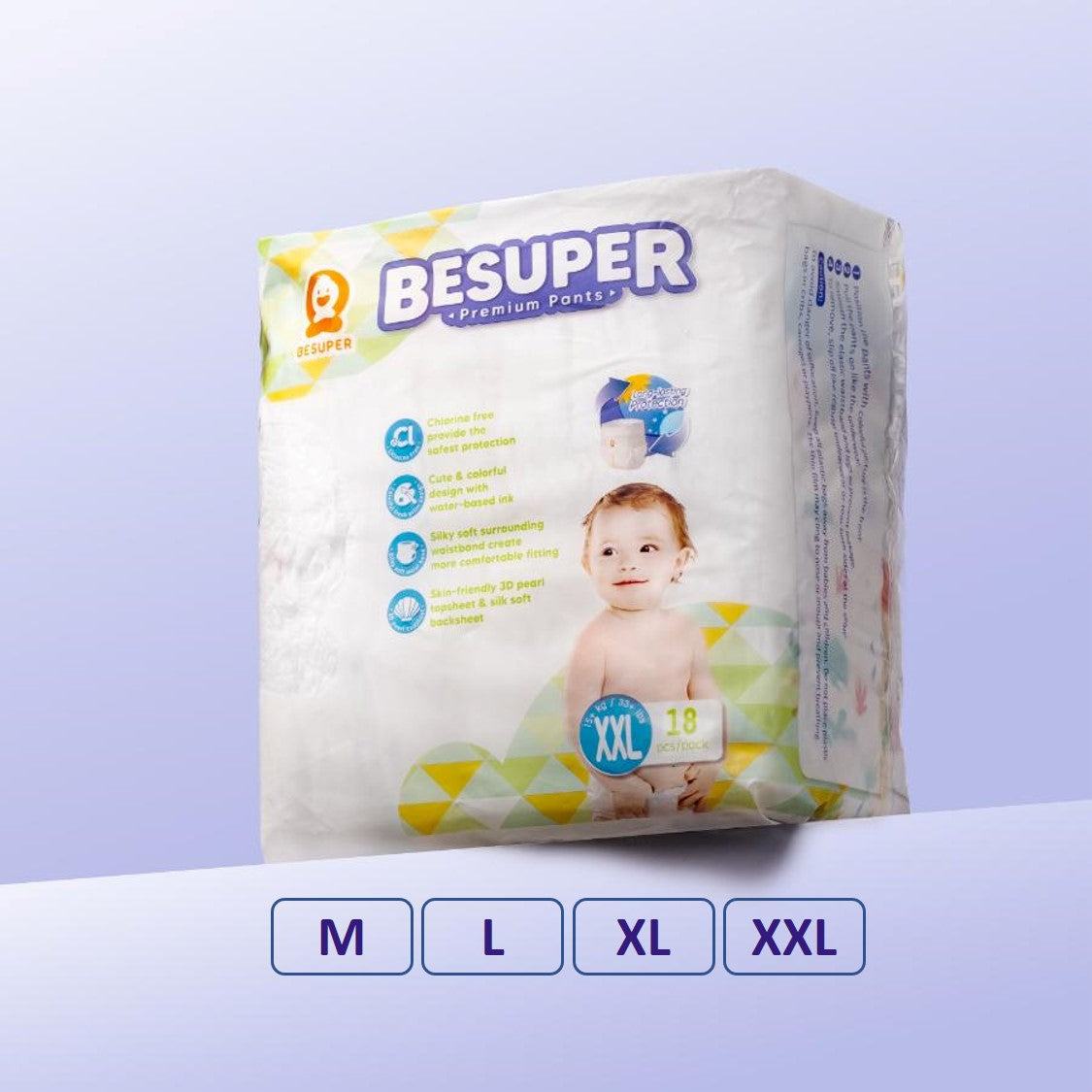 BeSuper Premium Pelene-Gaćice packaging displaying product details, sizes M to XXL.