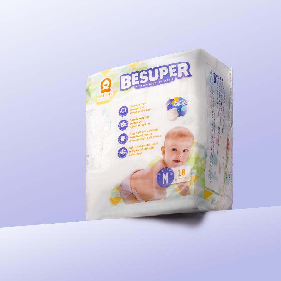 BeSuper Premium Pelene-Gaćice package with baby image on a light background.