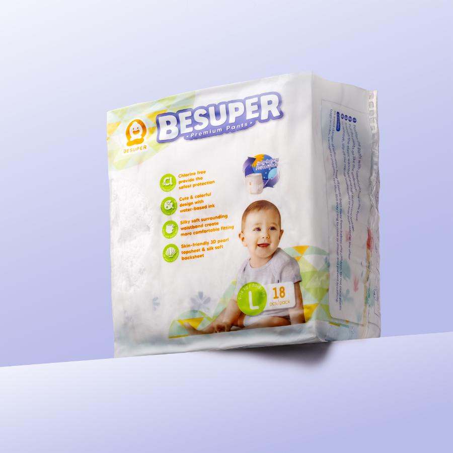 BeSuper Premium Pelene-Gaćice, soft and absorbent baby diaper pants package.
