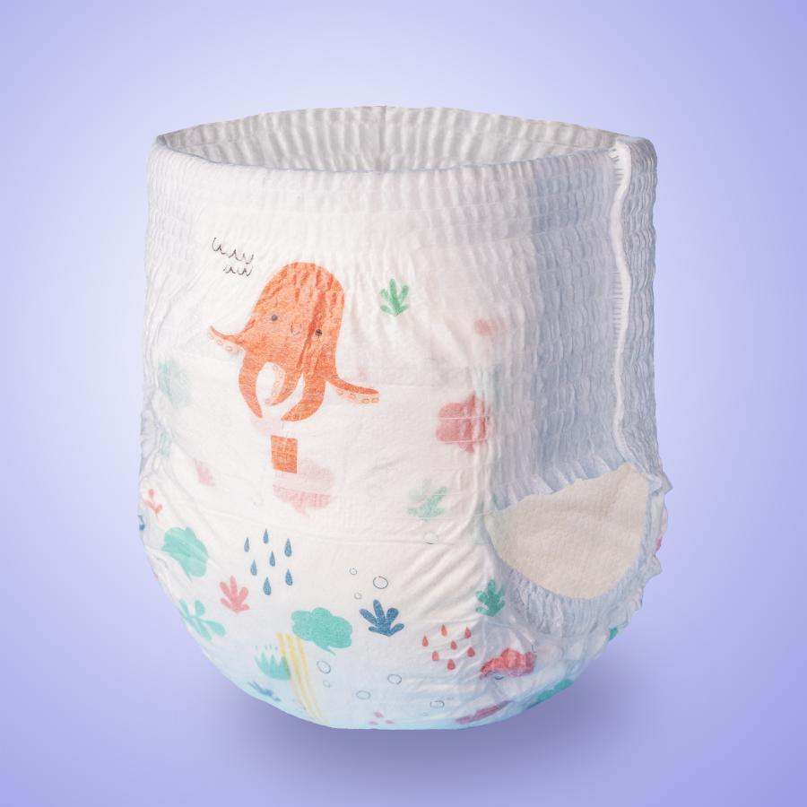 BeSuper Premium Pelene-Gaćice with colorful, eco-friendly design on light blue background.