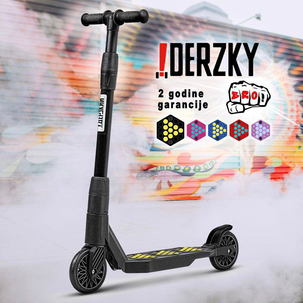 Trotinet Derzkij Bro for children aged 6-11, classic two-wheel scooter, lightweight polymer frame, adjustable telescopic handlebar, reflective safety elements.