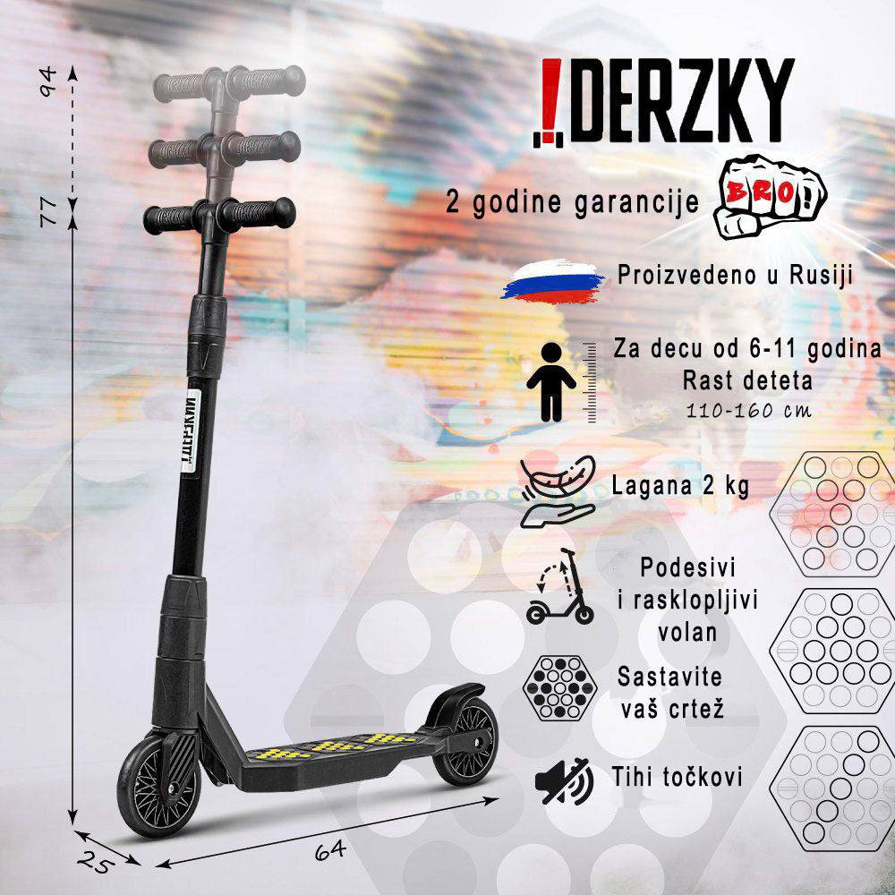 Trotinet Derzkij Bro for children aged 6-11, featuring lightweight design, adjustable telescopic handlebar, and silent wheels.