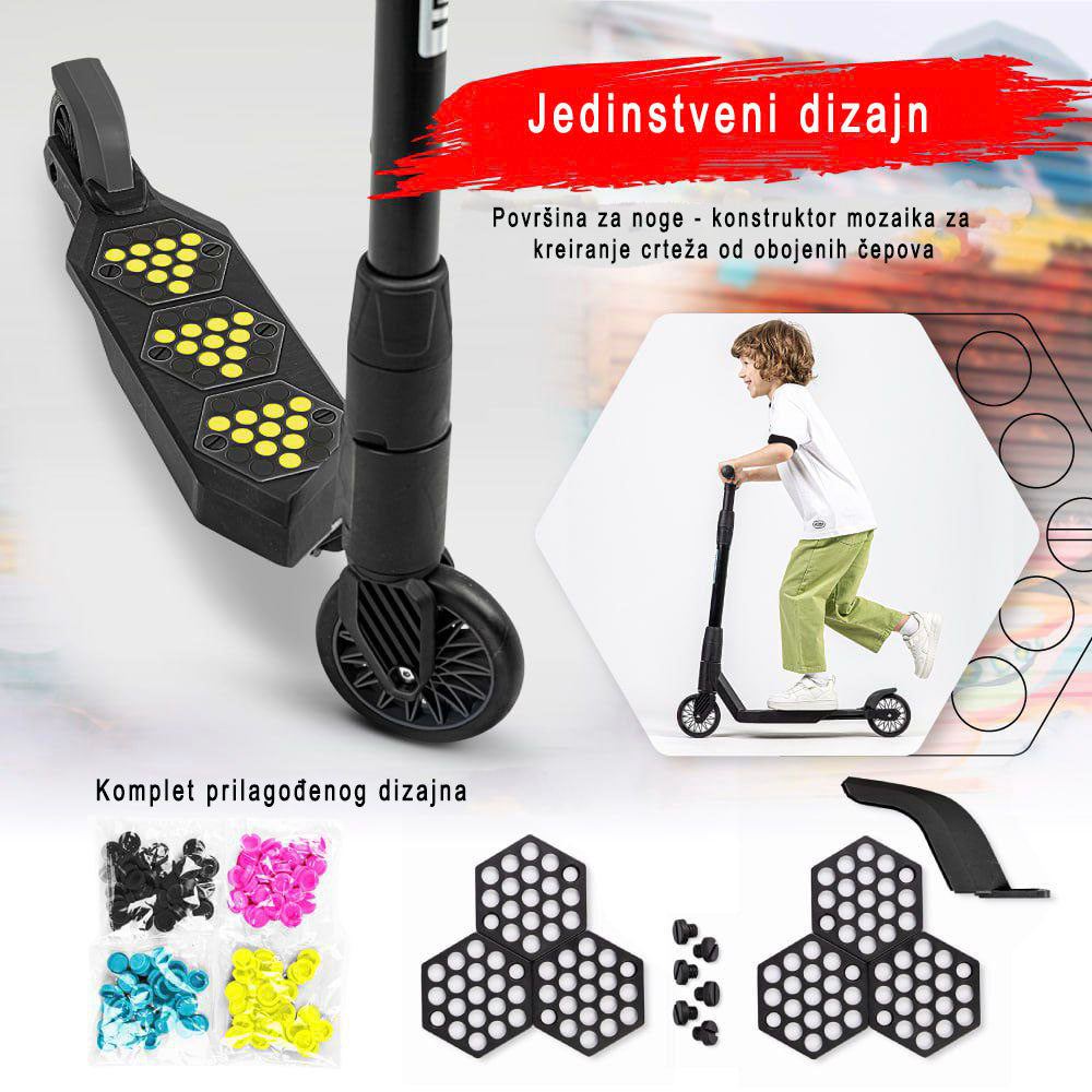 Trotinet Derzkij Bro for children aged 6-11, featuring innovative polymer frame, large wheels, adjustable handlebar, and reflective elements for safety.