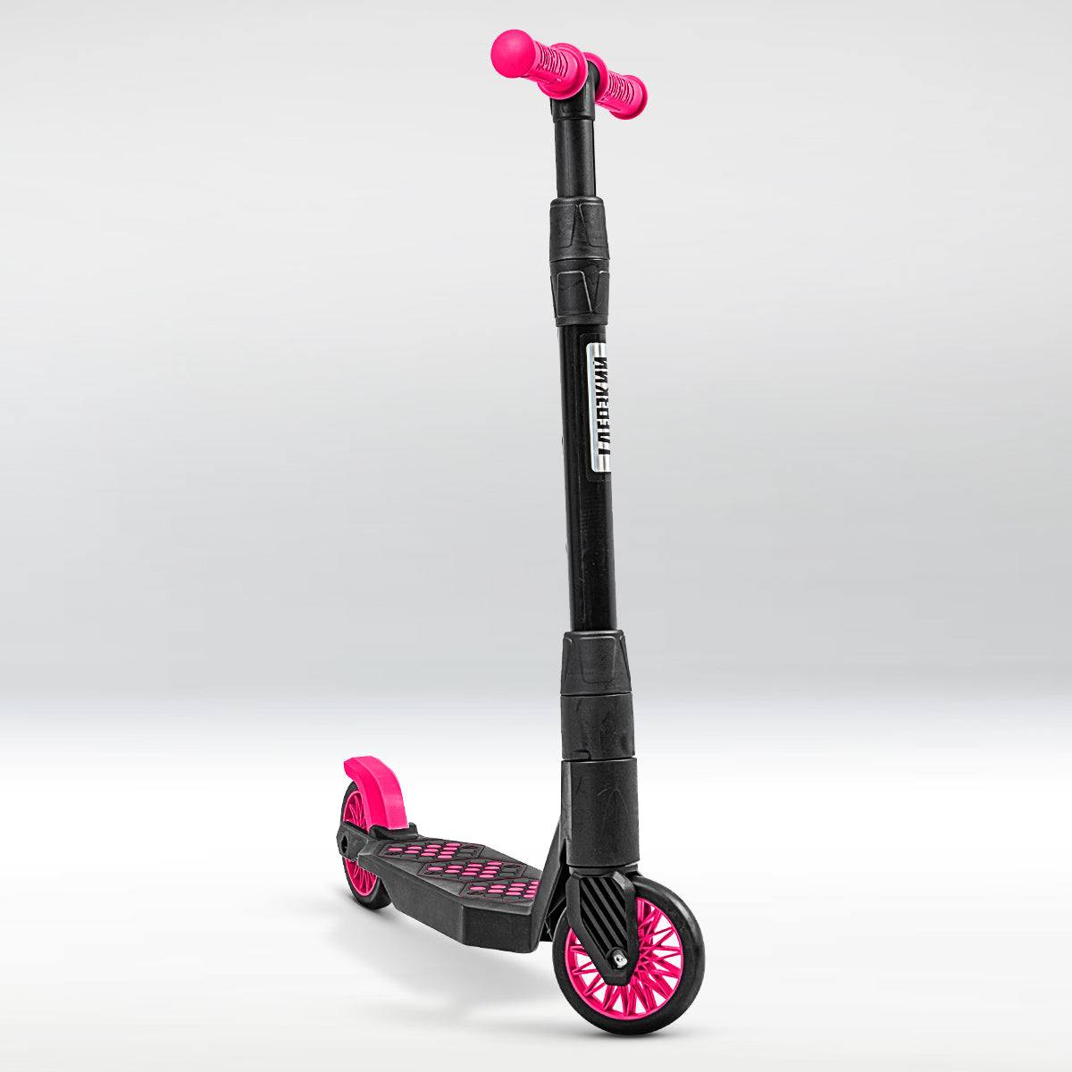 Trotinet Derzkij Bro for kids ages 6-11, black and pink with adjustable handlebars, two wheels, and foldable design.