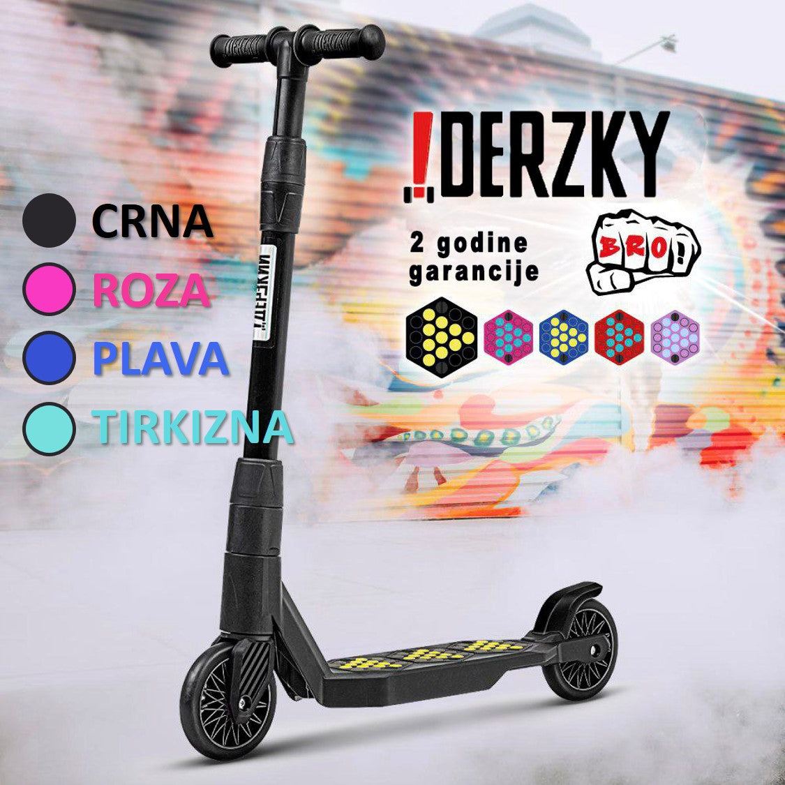 Trotinet Derzkij Bro scooter for ages 6-11 with adjustable handlebar, polymer frame, large wheels, reflective elements, and foldable design.
