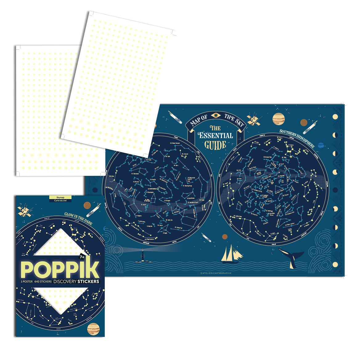 Educational glow-in-the-dark poster with reusable stickers, featuring a bilingual celestial map for ages 6+.