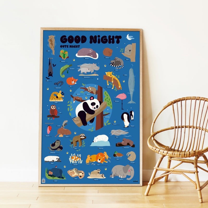 Educational Poppik poster with reusable stickers featuring nocturnal animals, ideal for children aged 3+, enhancing language skills and curiosity.