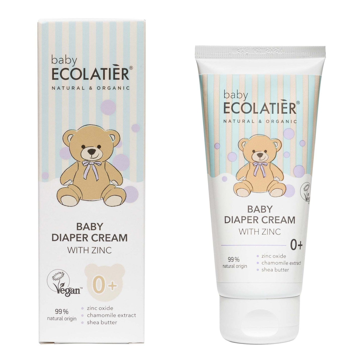 ECOLATIER BABY diaper cream with zinc, 100ml tube and box, protects against diaper rash and maintains healthy skin.