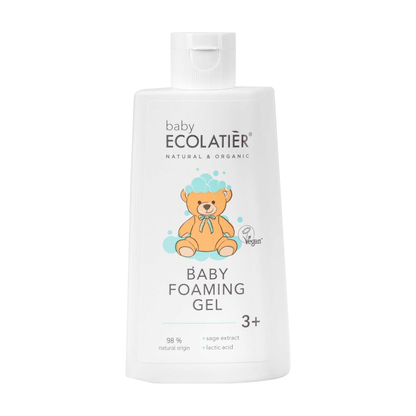 ECOLATIER BABY foaming bath gel for babies 3+, 250 ml, with sage extract, gentle no-tears formula.