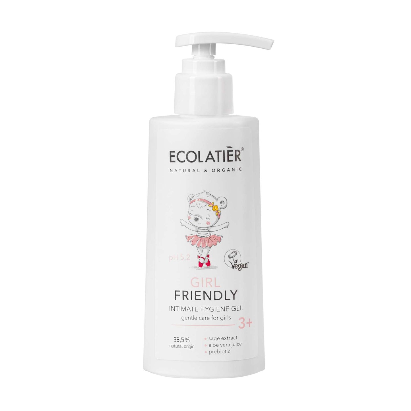 ECOLATIER Intimate Hygiene Gel for Girls 3+, 150 ml – Natural, safe formula with aloe vera and prebiotic.