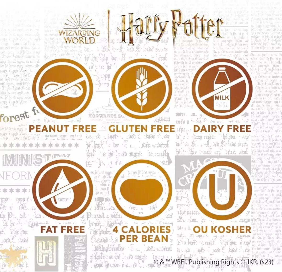 JELLY BELLY CANDY Harry Potter Bertie Botts nutritional information icons showing peanut free, gluten free, dairy free, fat free, 4 calories per bean, and OU kosher.
