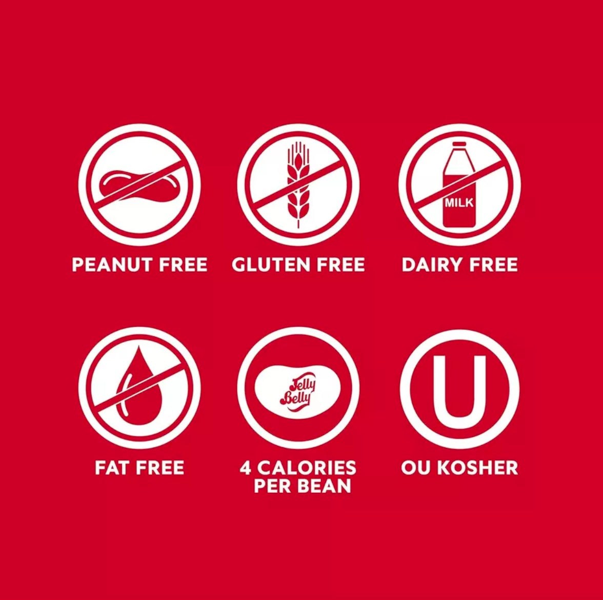 Jelly Belly Candy allergen-free icons on red background, emphasizing peanut-free, gluten-free, dairy-free, fat-free, 4 calories per bean, and OU kosher.