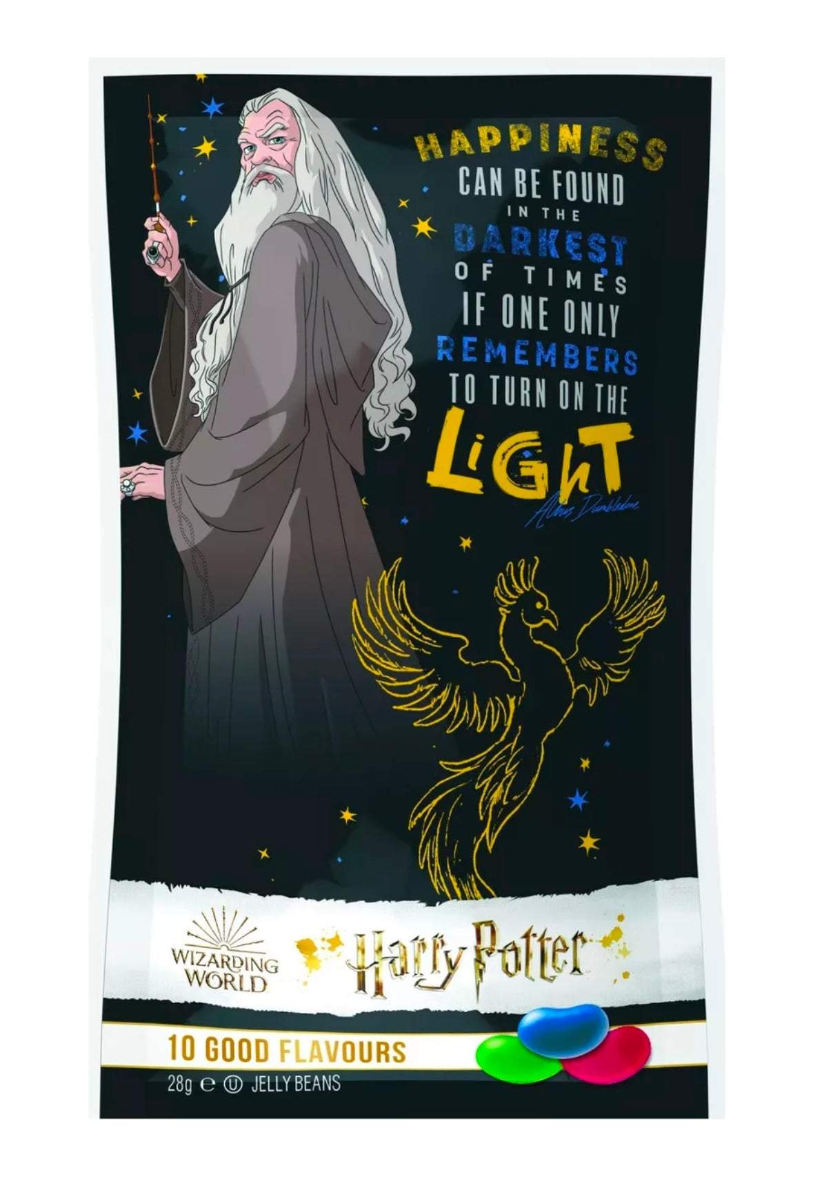 JELLY BELLY CANDY Harry Potter mix packaging with 10 flavors including banana, blueberry, and cinnamon, 28g.