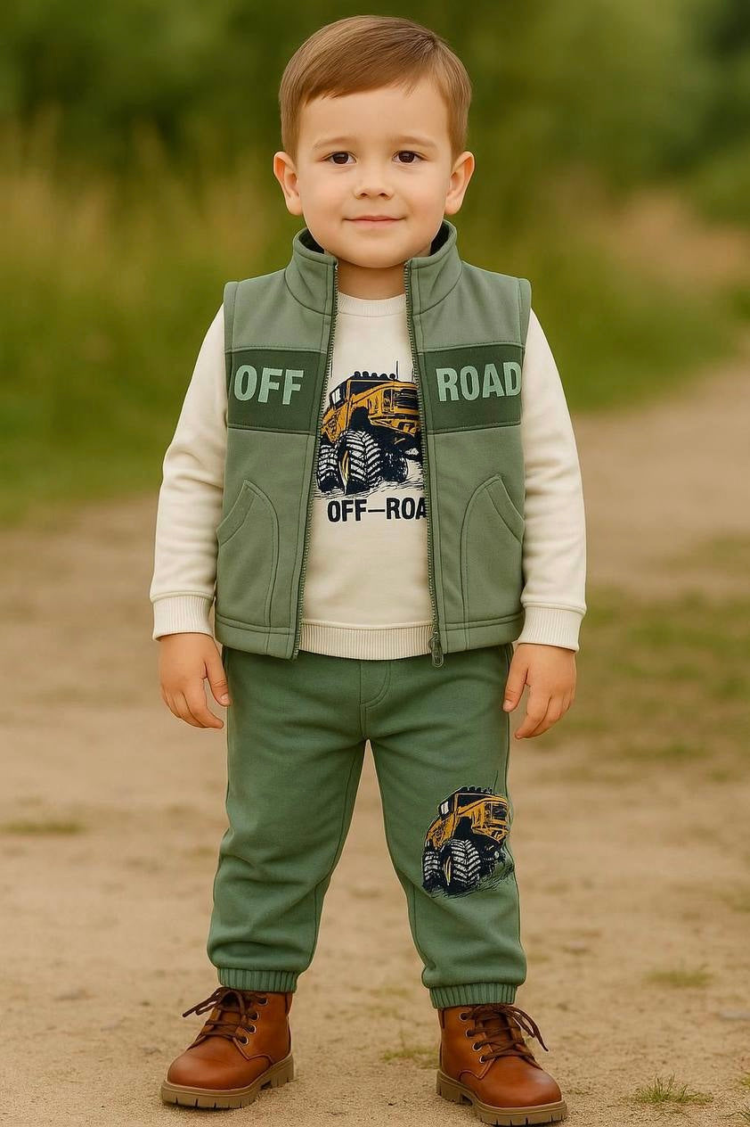 WOWO Kids Komplekt sa auto OFF ROAD: pantalone, prsluk, majica dugih rukava