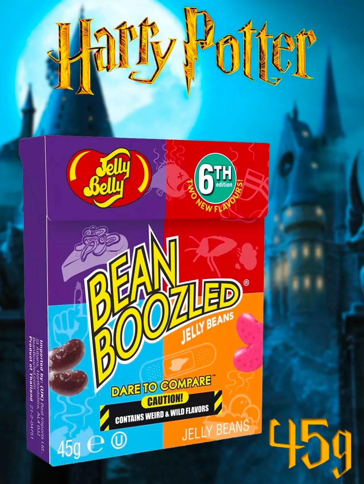 JELLY BELLY CANDY BEANBOOZLED 6th Edition, 45g box with Harry Potter-themed background.