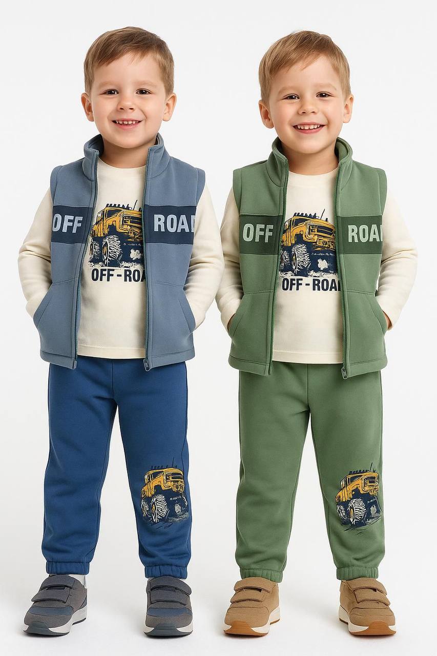 WOWO Kids Komplekt sa auto OFF ROAD: pantalone, prsluk, majica dugih rukava