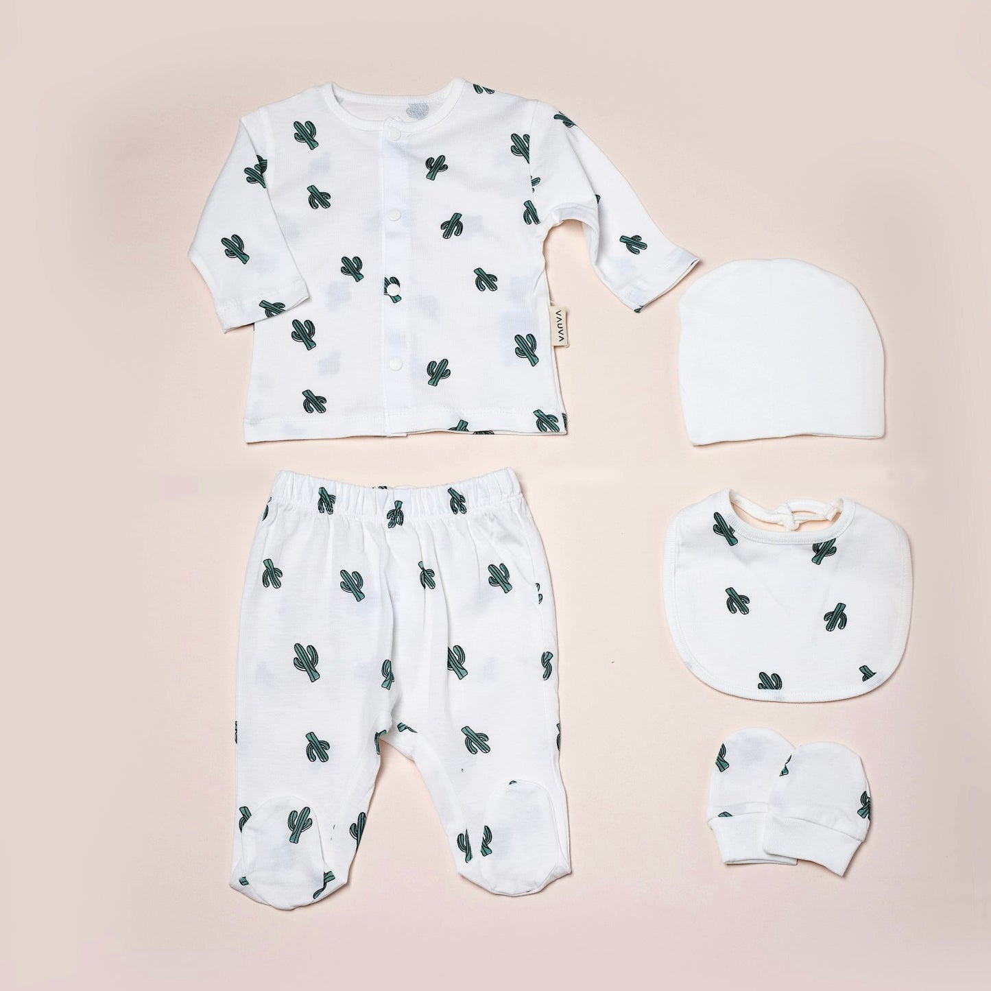VAUVA Set 5 za novorođenčad: pantalonice, majica dugih rukava, capica, portikla, rukavice - kaktus