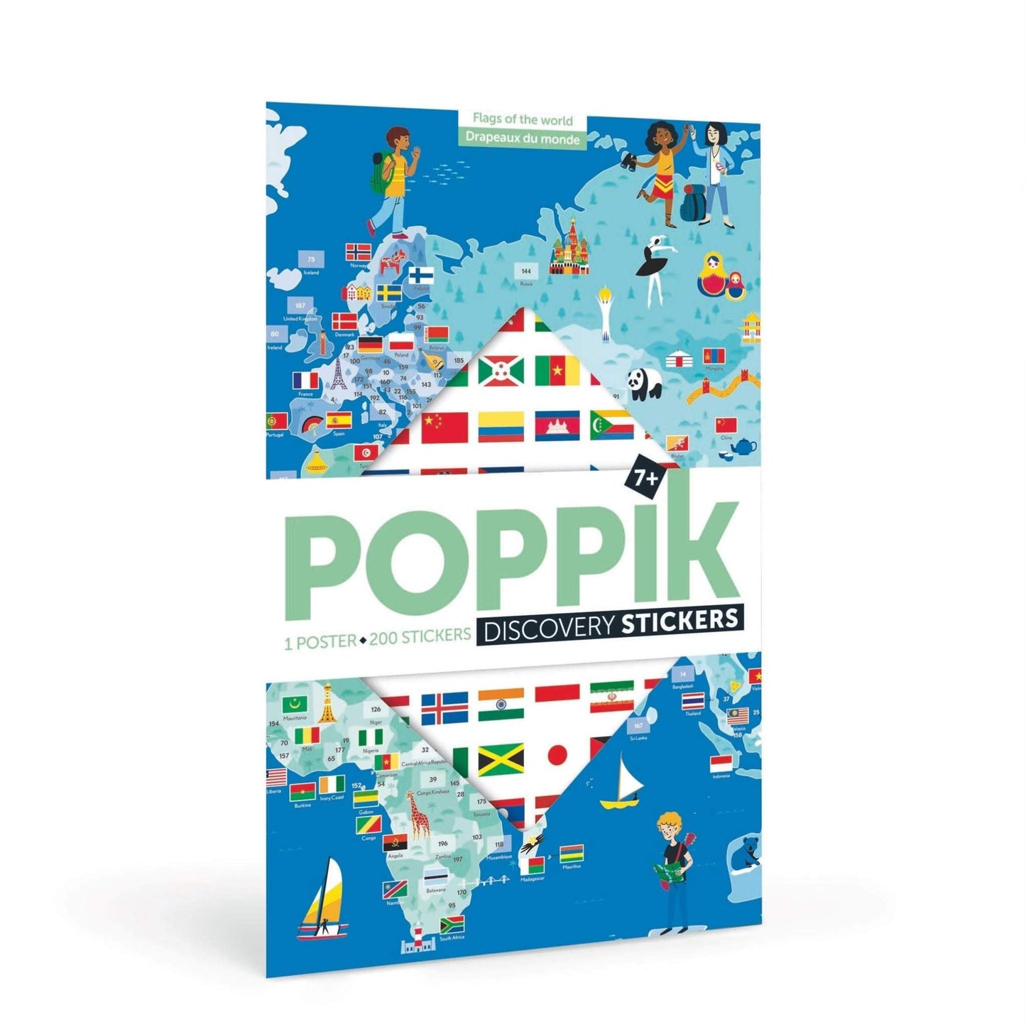 Educational world map poster with stickers for learning flags and countries.
