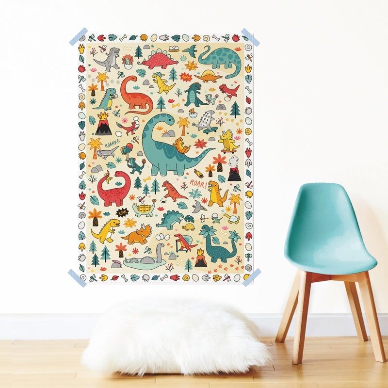 Colorful dinosaur poster for kids with reusable stickers, 48x68 cm.