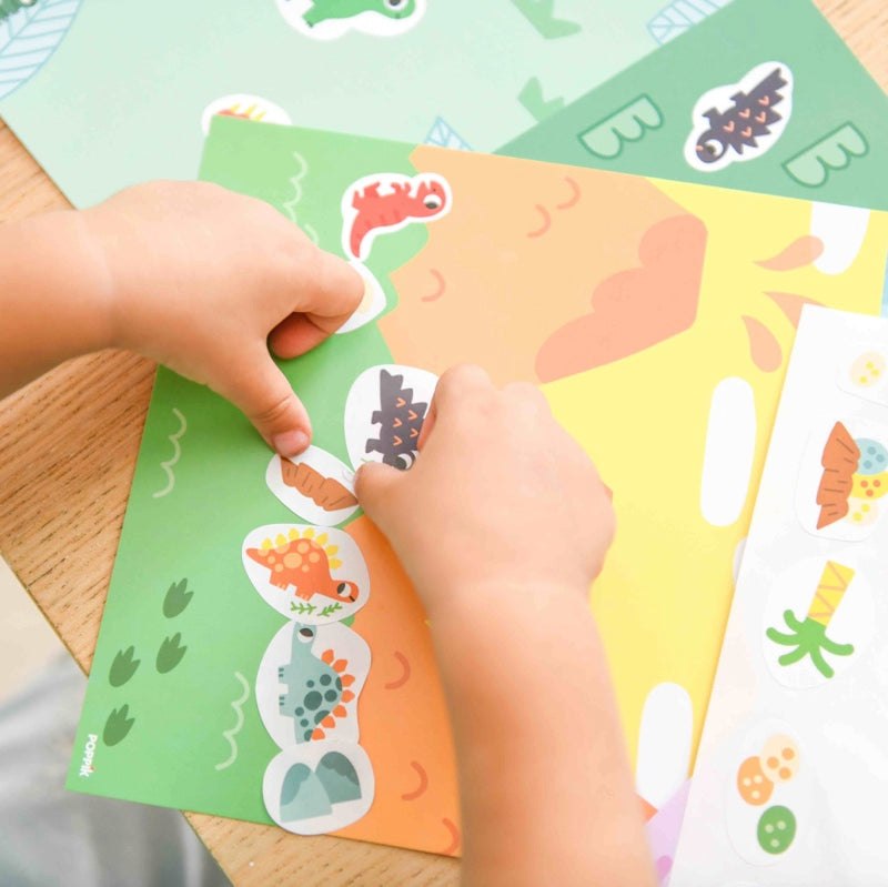 Poppik Moje prve nalepnice for toddlers aged 2+, featuring colorful, repositionable sticker sheets designed for small hands.