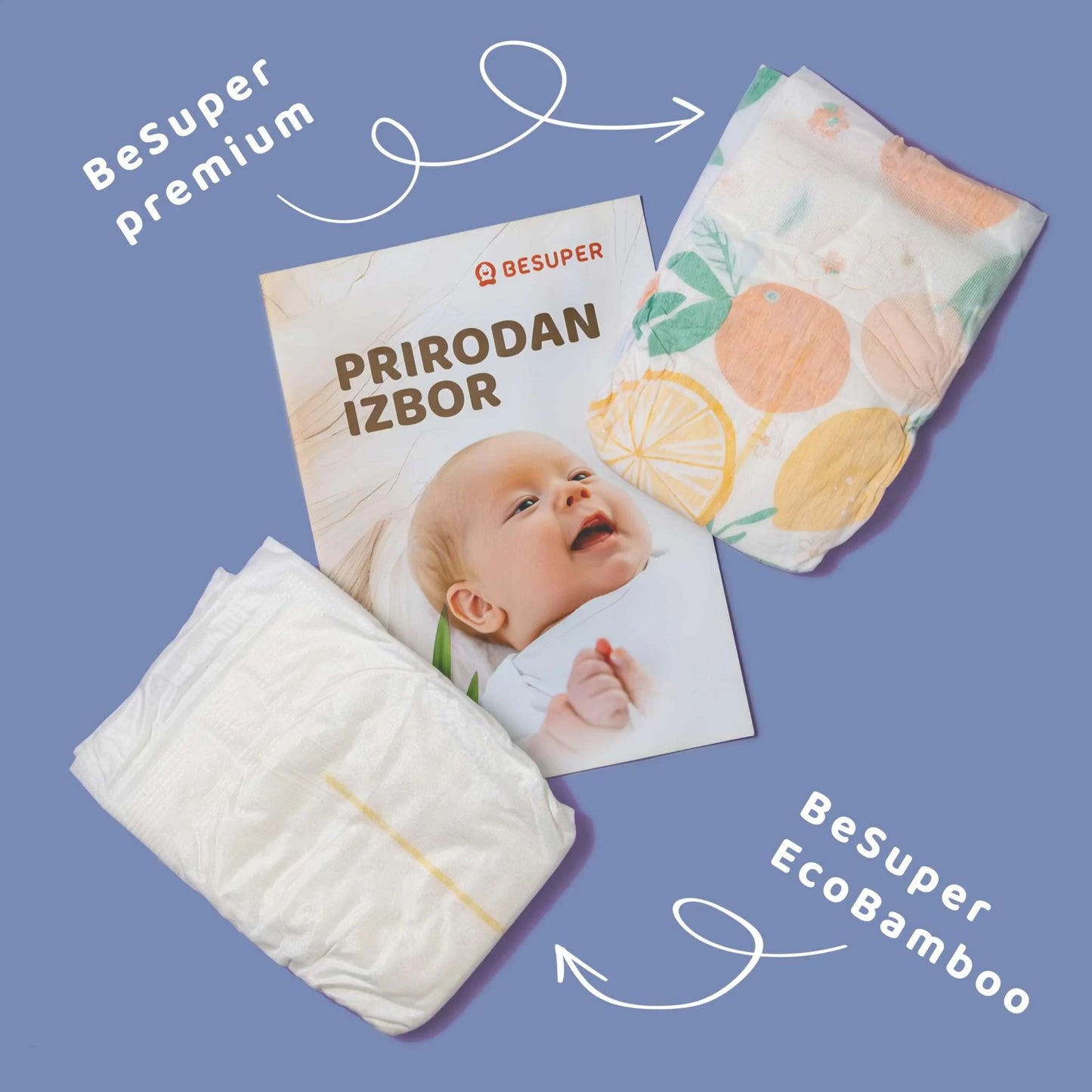 Uzorci BeSuper Premium Pelene i BeSuper ECO Bamboo pelena prikazani sa promotivnim materijalom.