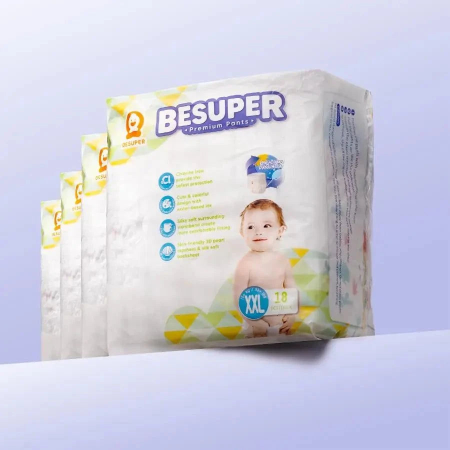 BeSuper Premium Pelene-Gaćice pack, soft and absorbent baby diaper pants on display.